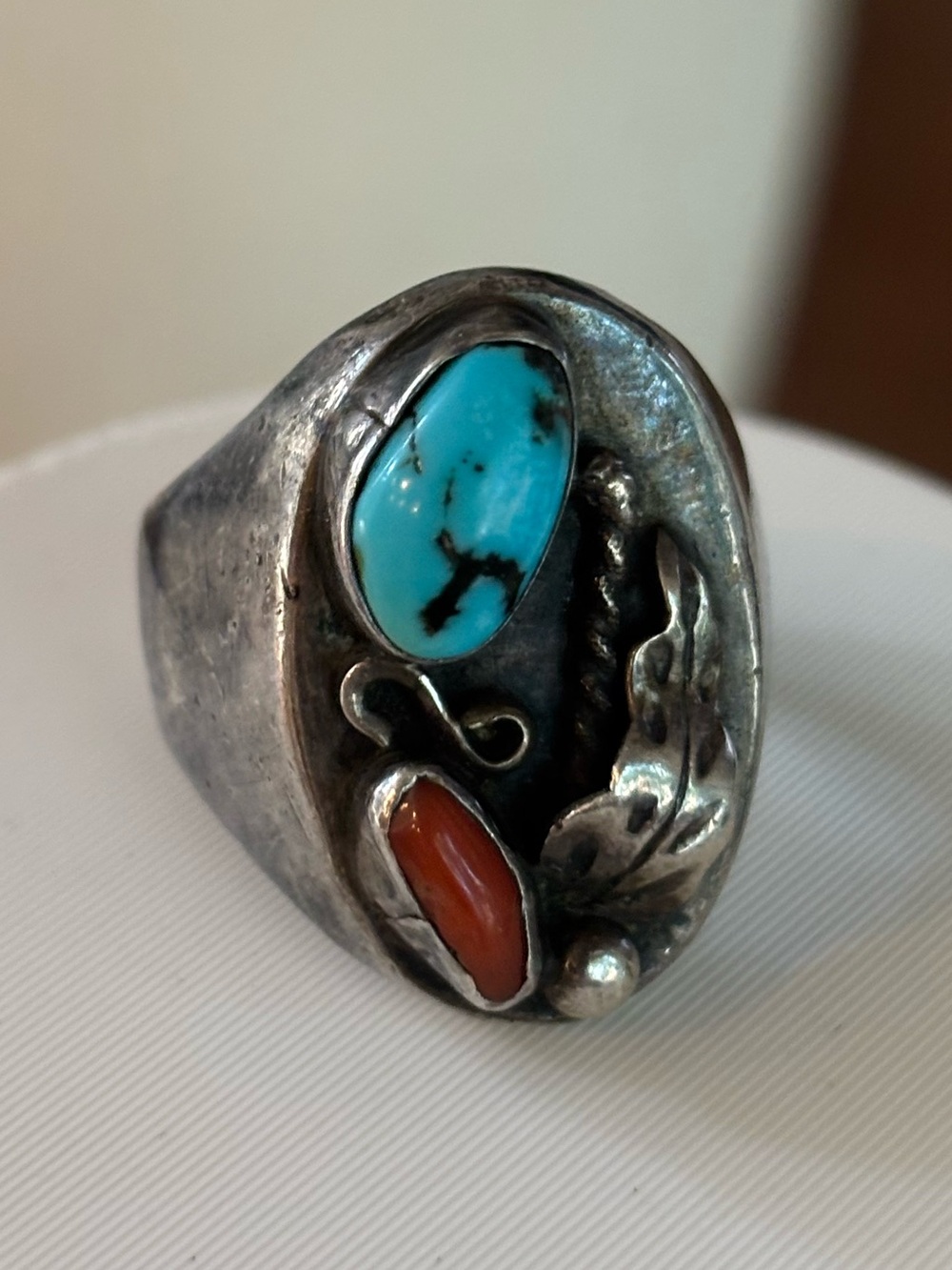 Vintage Sterling Silver Turquoise Coral Ring 10 Southwestern Native Old Pawn 21g